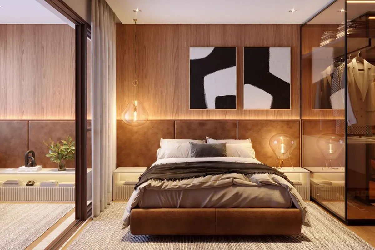 Perspectiva ilustrada da suíte master do apartamento decorado de 4 suítes