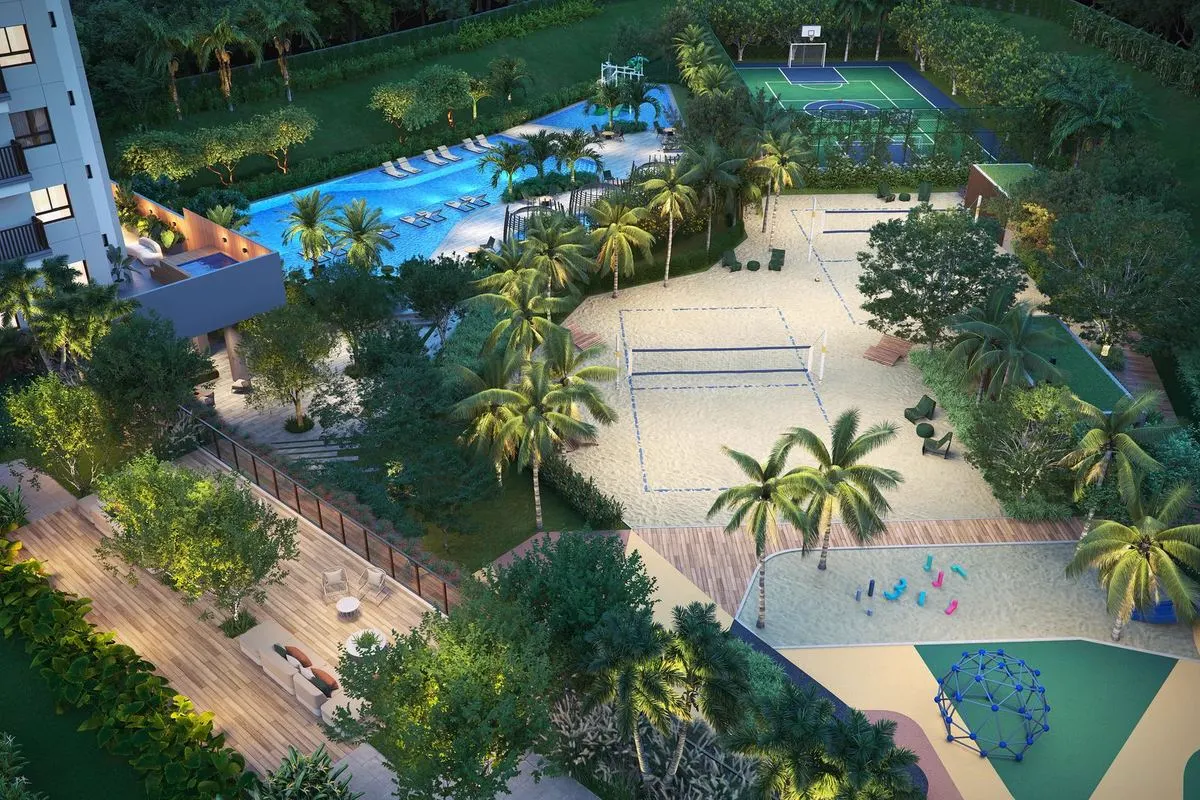 Perspectiva ilustrada da vista aérea do lazer do Gaea Home Resort, com piscinas, quadras de areia e playground