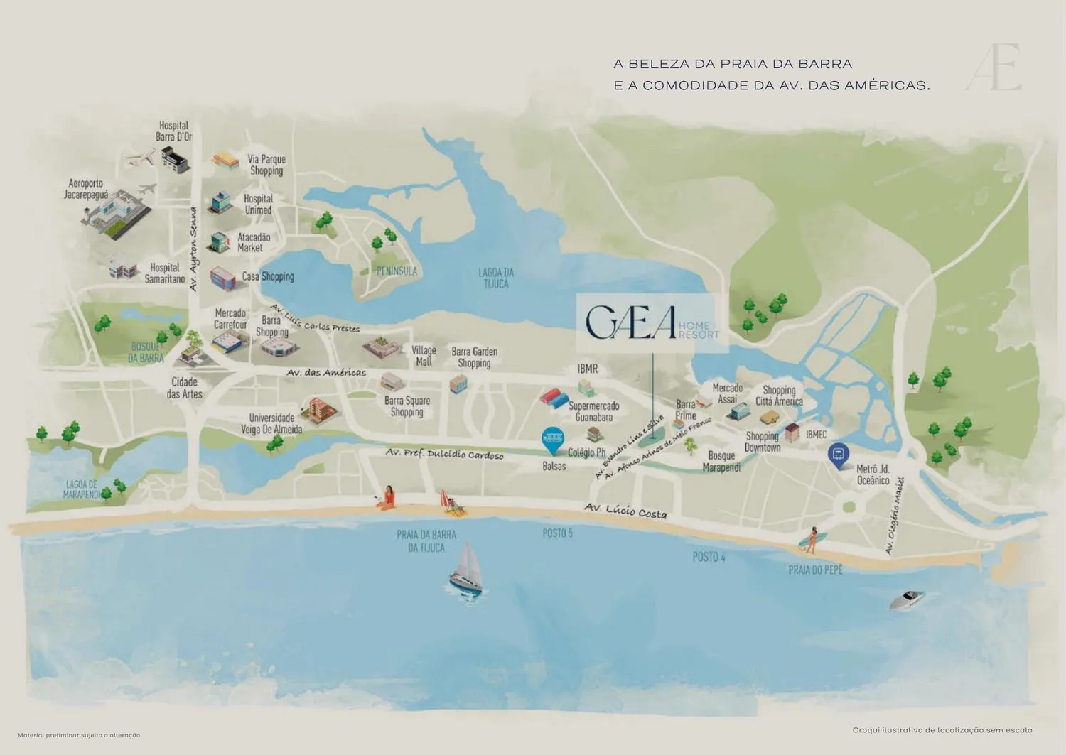 Croqui ilustrativo de localização do Gaea Home Resort na Barra da Tijuca, sem escala