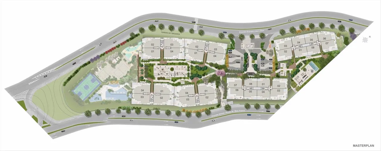 Masterplan ilustrado do Gaea Home Resort, com os seis edifícios entre a Av. Evandro Lins e Silva e a Av. Afonso Arinos de Melo Franco
