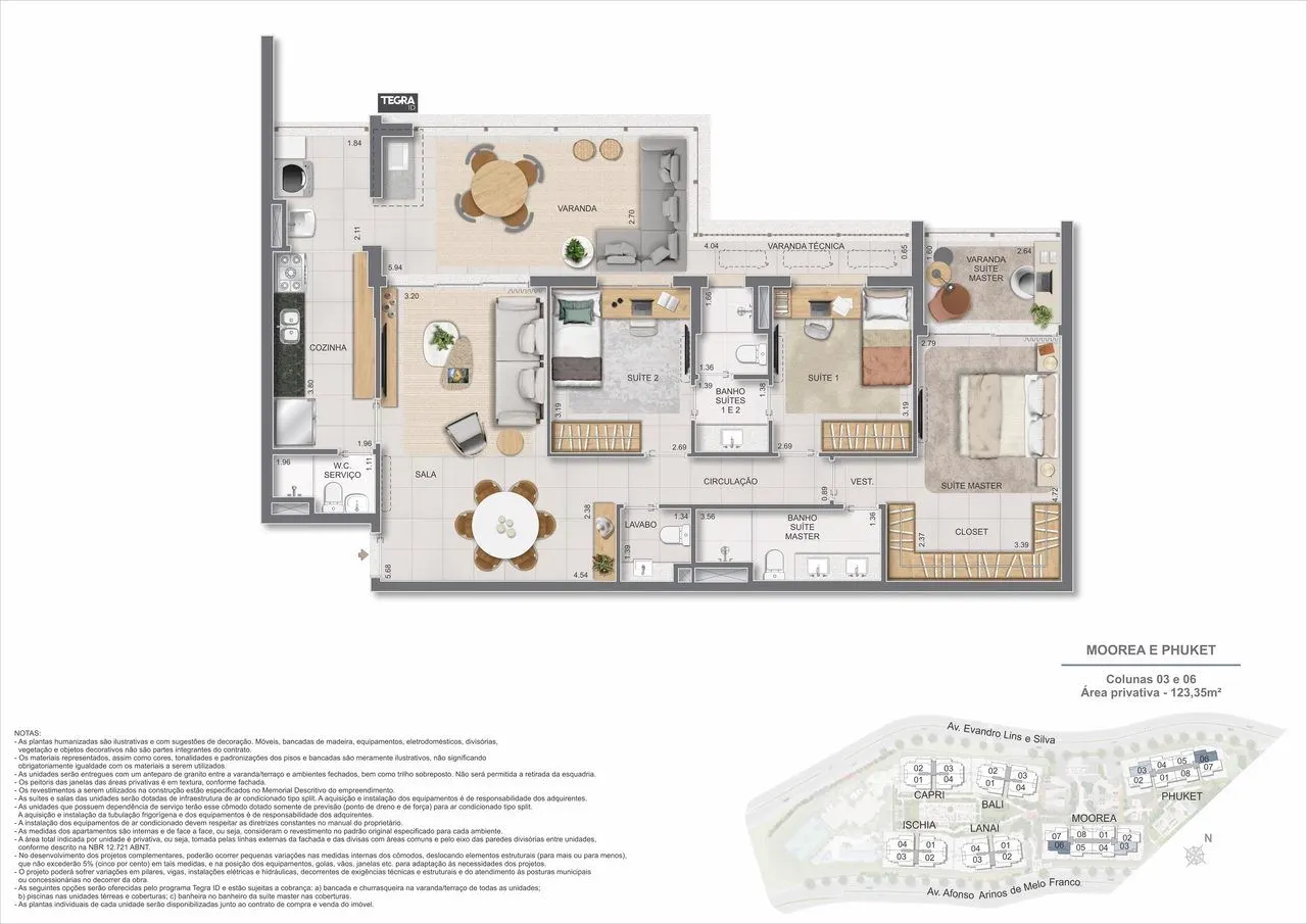 Planta humanizada ilustrativa de 3 suítes, 123,35 m², edifícios Moorea e Phuket, colunas 03 e 06