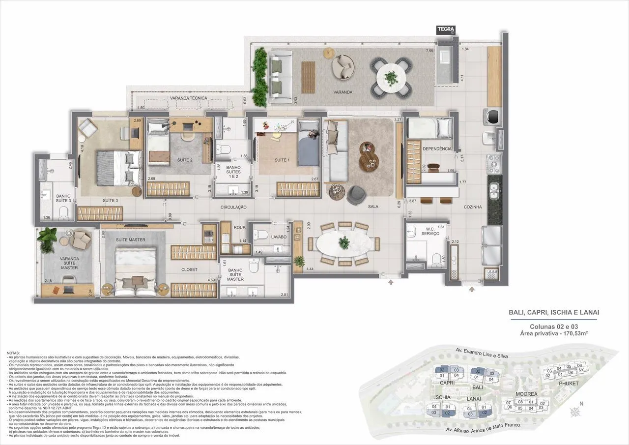Planta humanizada ilustrativa de 4 suítes, 170,53 m², edifícios Bali, Capri, Ischia e Lanai, colunas 02 e 03