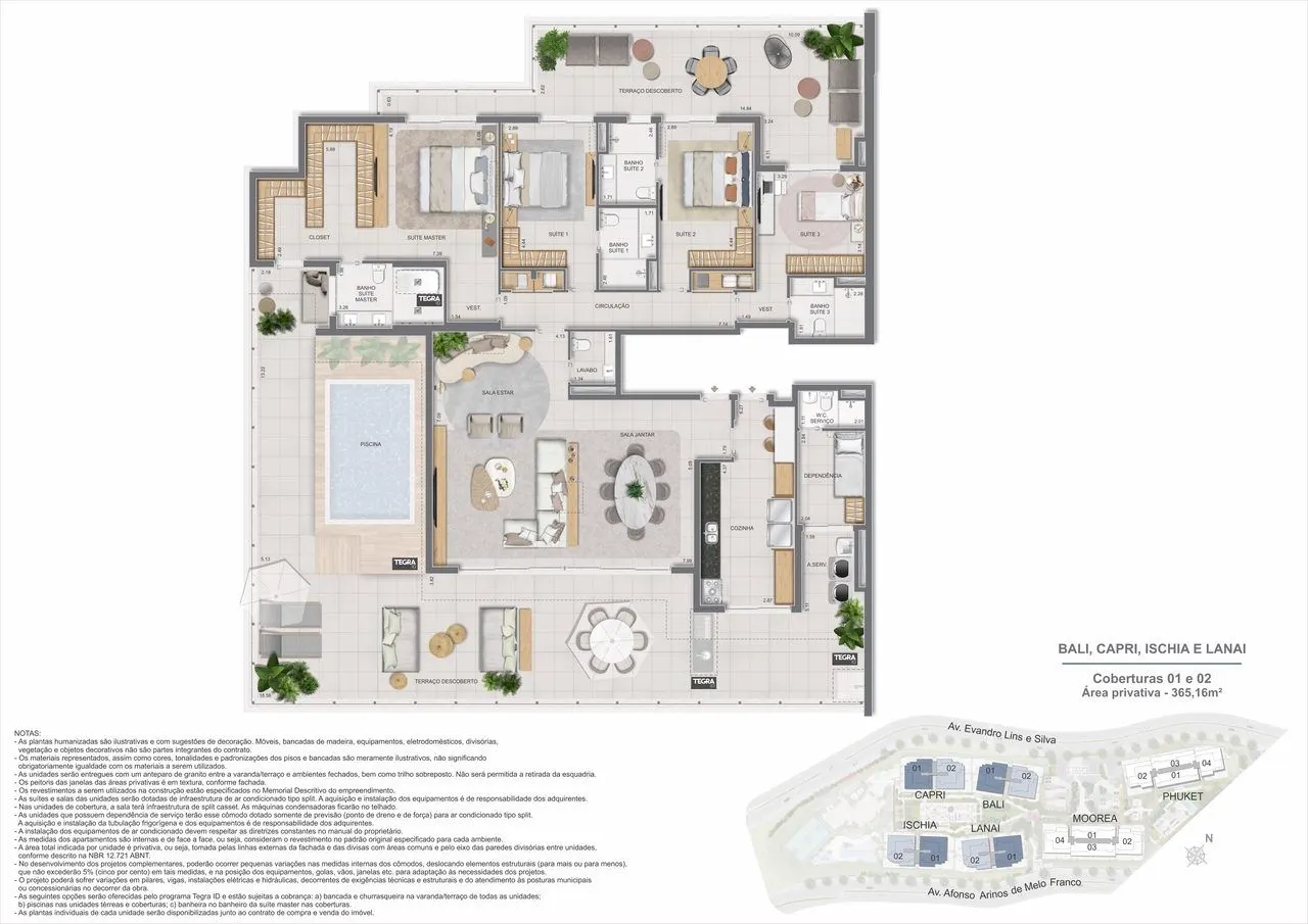 Planta humanizada ilustrativa da cobertura linear de 4 suítes, 365,16 m², edifícios Bali, Capri, Ischia e Lanai
