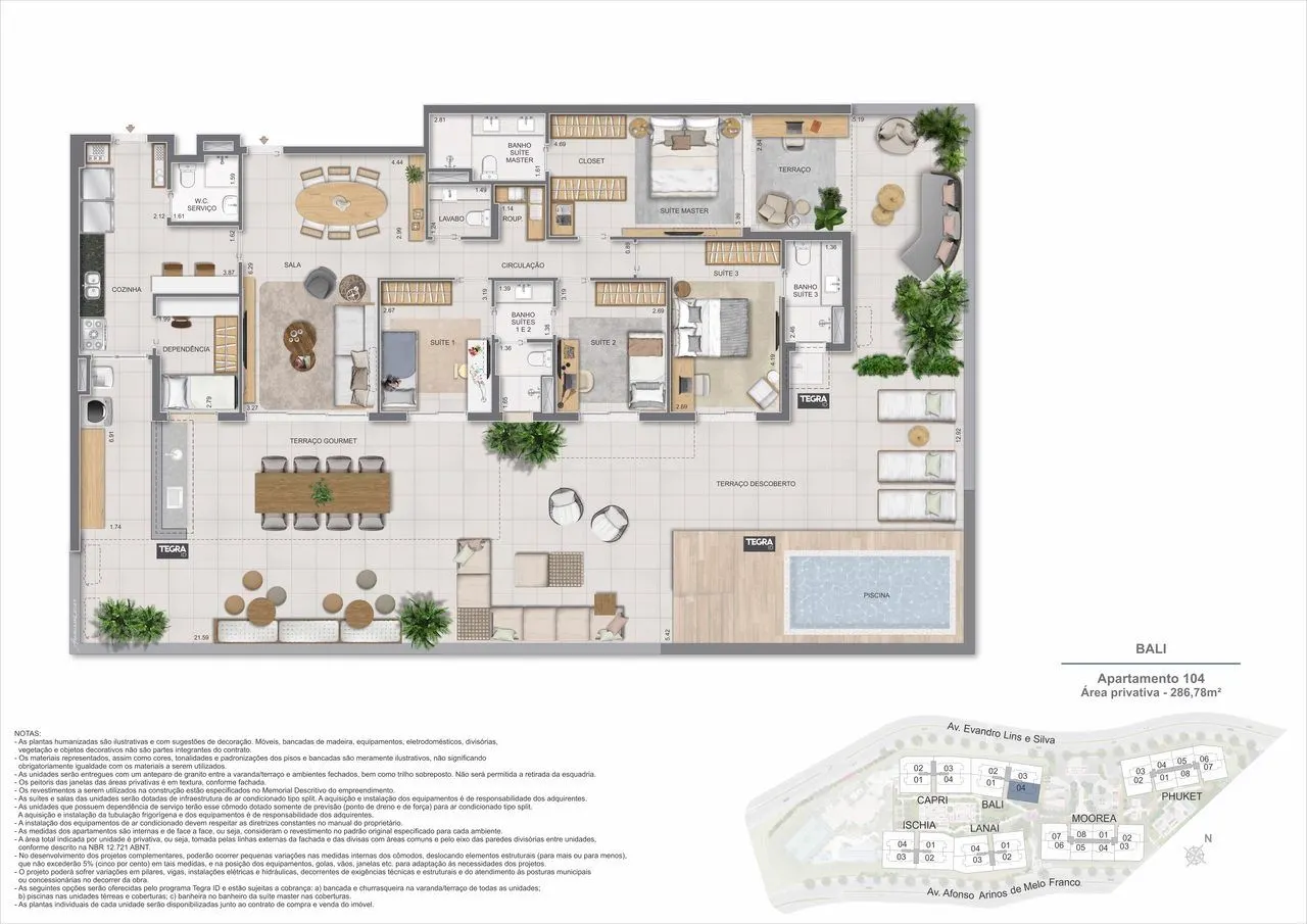 Planta humanizada ilustrativa do garden 104 do Ed. Bali, 4 suítes, 286,78 m²