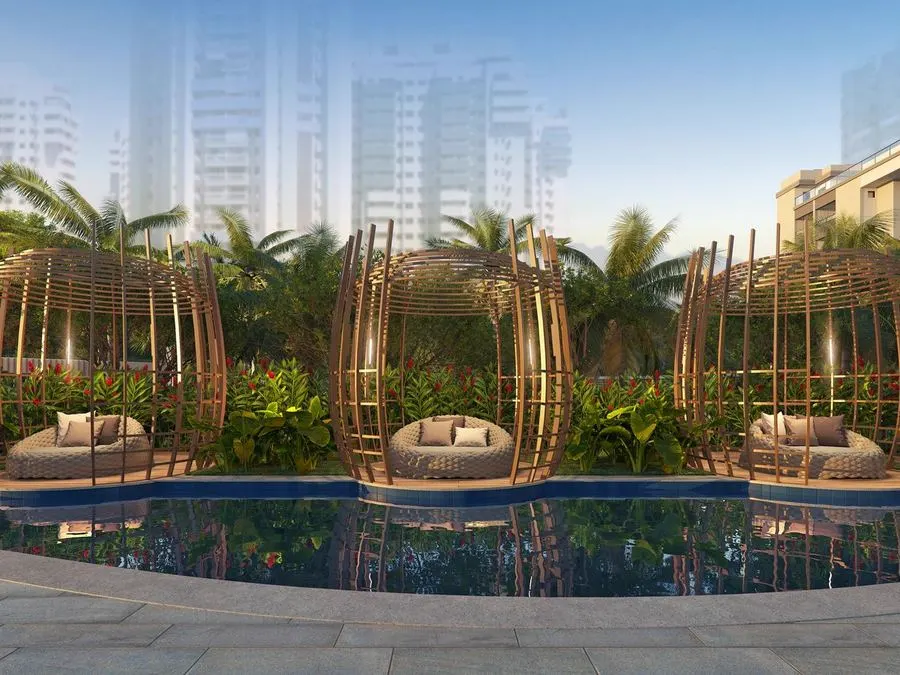 Perspectiva ilustrada das Pool Houses sobre a piscina